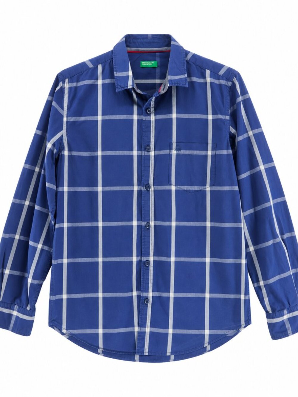 United Colors of Benetton, Men's Blue Grid Plaid Button-Down Shirt, Medium